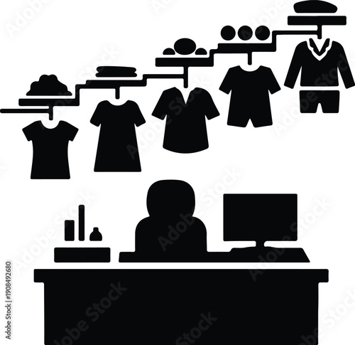 silhouette clothing manufacturing process with person at computer vector design