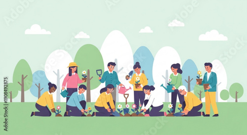 Diverse group of people planting trees and flowers in a park