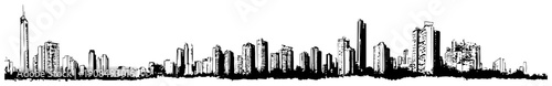 Panoramic urban skyline with skyscrapers and tall buildings in stipple art style
