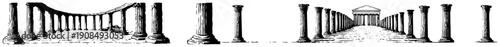 Wide panoramic perspective of ancient Greek columns and a temple in stipple vector style