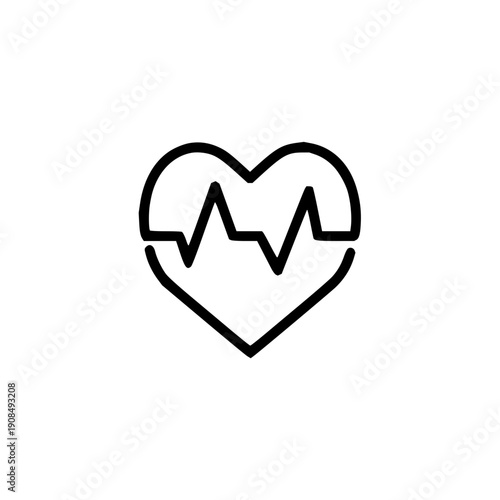 Minimalist black and white line art icon depicting a healthy heart with an electrocardiogram heartbeat rhythm, symbolizing life, medical care, and overall well-being