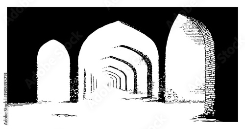 Artistic hand drawn ink sketch of a series of pointed arches with deep perspective