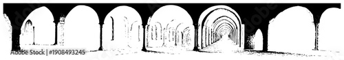 Detailed hand drawn panoramic sketch of a long architectural corridor with repetitive arches