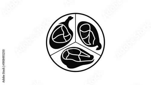 Abstract black and white illustration of three meat cuts inside an oval