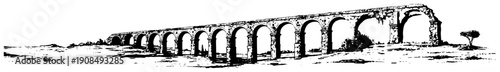 Long perspective of an ancient stone aqueduct bridge with arches in grainy stipple engraving style