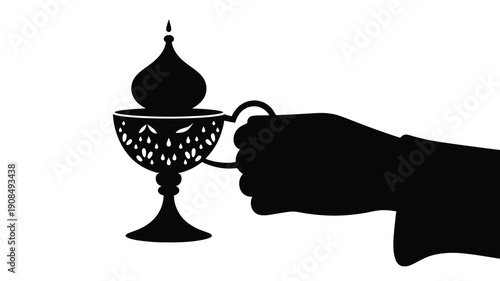 A silhouetted hand offering a detailed ornate chalice or goblet