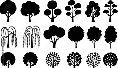 Large set of black tree silhouettes isolated on white background, various forest plants and garden greenery icons for nature landscape and environmental conservation vector design.
