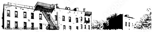 Vintage urban brick building with exterior metal fire escape in hand drawn sketch style