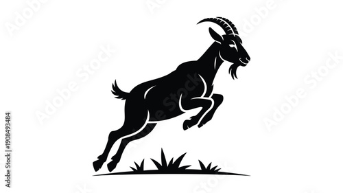 A black silhouette of a mountain goat leaping above grassy terrain
