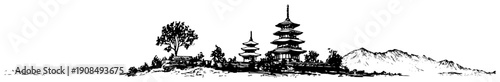 Traditional Japanese landscape with pagodas and mountains in hand drawn ink sketch style