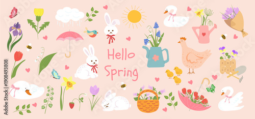 Cute hello spring cottagecore illustrations. Hand drawn flowers, bows, swan, rabbit, chicken, garden tools. Gardening and country lifestyle. Spring summer stickers. Cards, kids products, social media