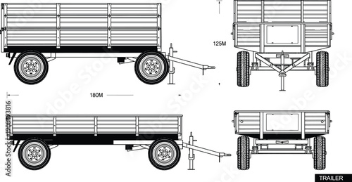 Technical blueprint vector set of a utility farm trailer showing side and front view elevations with measurements for transport agriculture and industrial equipment concepts