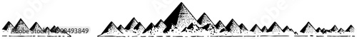 Detailed pen and ink drawing of the Great Pyramids of Giza in the Egyptian desert
