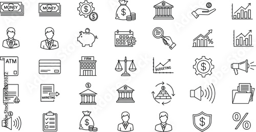 Finance icons, banking visuals, business strategy symbols, investment tools, money graphics, economic elements, minimal line style, dollar, growth, planning