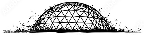Hand drawn sketch of a futuristic geodesic dome structure with ink splatter details