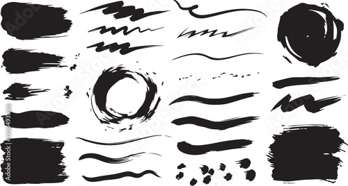 A collection of various black ink brush strokes and splatters on a white background Vector