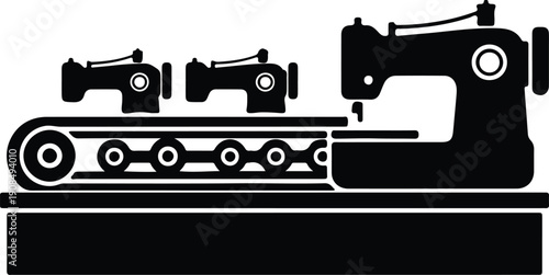silhouette of sewing machines on conveyor belt factory production vector design