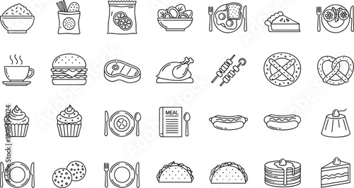 food icons, meal symbols, culinary graphics, restaurant line art, snack illustrations, breakfast visuals, dinner elements, kitchen tools, menu items, nutrition signs