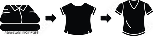 silhouette sequence showing folded shirt to t shirt to v neck shirt vector design