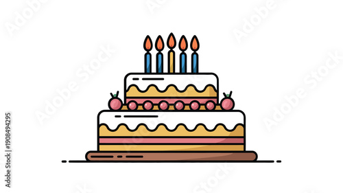 Colorful tiered birthday cake with lit candles a festive celebration