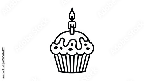 A simple black and white line drawing of a cupcake with a lit candle