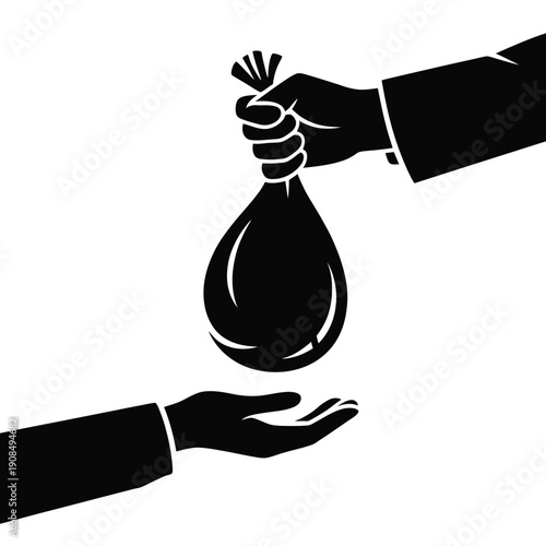 Hands exchanging a bag of money representing a transaction or bribe