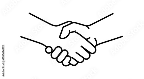 Outline illustration of two hands shaking in agreement or as a friendly greeting on isolated white background.