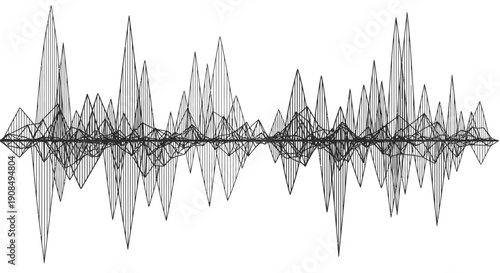 Dynamic abstract sound wave or complex data visualization with multiple fluctuating lines on isolated white background.