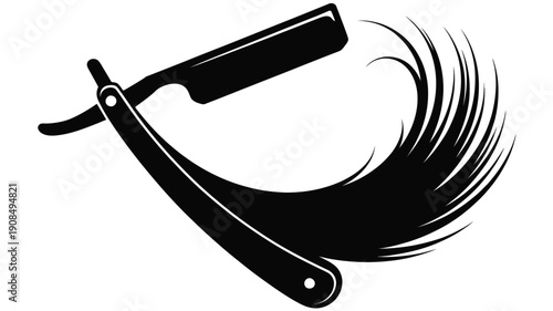 A classic straight razor with flowing hair strands in black and white