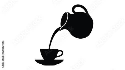 Black silhouette of a teapot pouring into a teacup and saucer