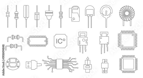 Assortment of electronic circuit components and integrated circuits in outline style on isolated white background.