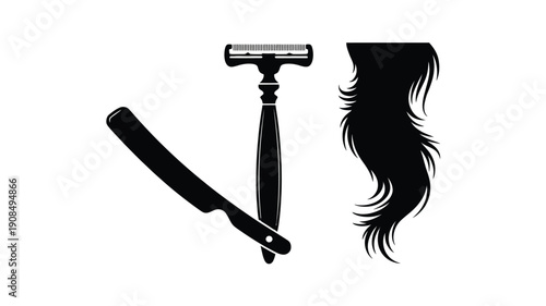 Barber tools a straight razor safety razor and a lock of hair