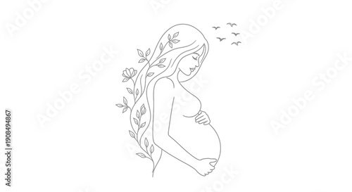 Serene pregnant woman with flowing hair adorned by floral elements and birds, representing motherhood and nature on isolated white background.