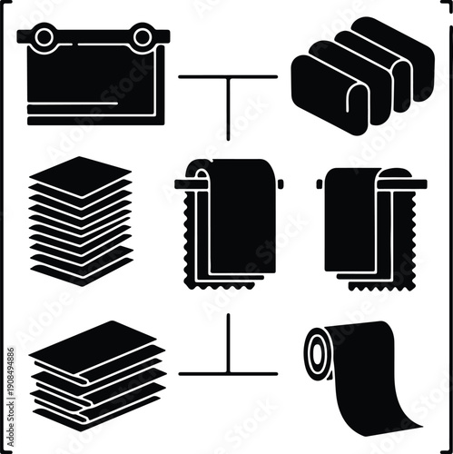 silhouette various folded and rolled fabric textile items vector design