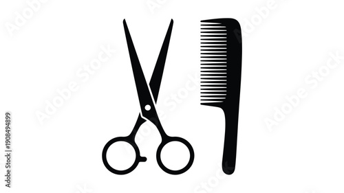 Black silhouette icons of scissors and a hair comb on a white background
