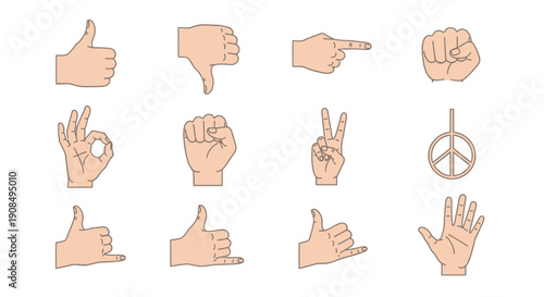 Collection of Human Hand Gesture Signs and Symbols on Isolated White Background