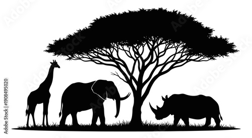 African Savanna Animals Silhouette with Acacia Tree on Isolated White Background