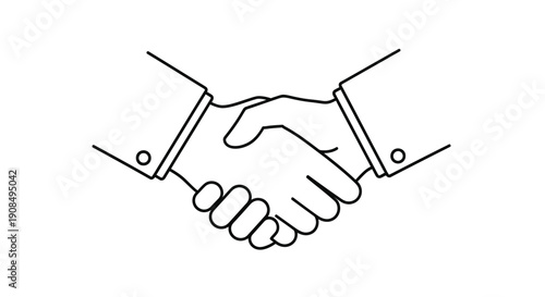 Simple outline vector of two hands engaging in a handshake, representing agreement, greeting, or a new partnership, isolated white background.