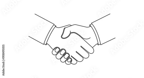 Outline illustration of a business handshake between two individuals, symbolizing a deal or successful partnership, on an isolated white background.