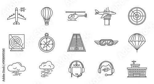 Comprehensive set of aviation and airport line icons including helicopter, airplane, control tower, radar, runway, parachute, pilot headset, and terminal building, isolated white background.