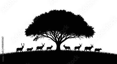 Serene African savannah landscape silhouette featuring a large acacia tree and a herd of deer at sunrise or sunset, isolated white background.