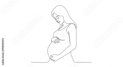 Elegant continuous line art drawing of a pregnant woman gently caressing her baby bump, conveying serenity and anticipation on an isolated white background.