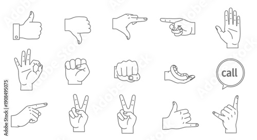 Comprehensive set of various hand gesture outline icons including thumbs up, thumbs down, OK sign, pointing, peace, and fist on an isolated white background.