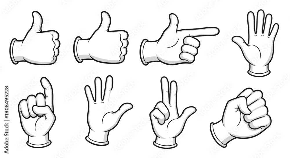 Fototapeta premium Cartoon human hands showing various gestures including thumbs up, pointing, fist, and okay sign on an isolated white background.