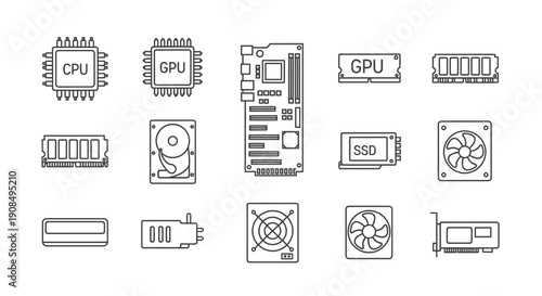 Set of detailed computer hardware outline icons including CPU, GPU, motherboard, and SSD on an isolated white background.
