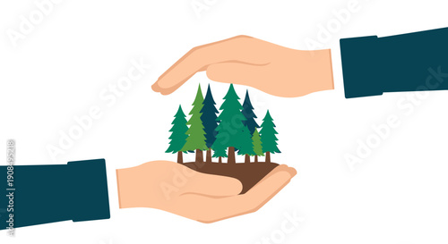 Human hands gently cupping and protecting a cluster of green trees on an isolated white background, symbolizing nature conservation and environmental responsibility.