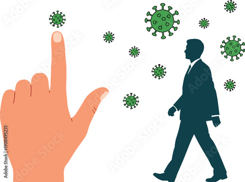 Vector illustration of hand pointing upward surrounded by virus particles with silhouette person walking forward, symbolizing health awareness and infectious disease concepts