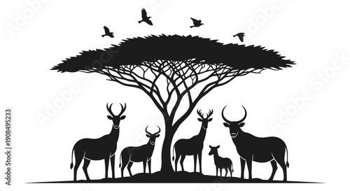 African wildlife silhouette with deer family under a large acacia tree on an isolated white background, depicting savanna nature.