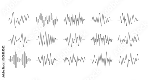 Collection of Abstract Sound Wave Forms Depicting Audio Frequencies and Voice Patterns, on Isolated White Background