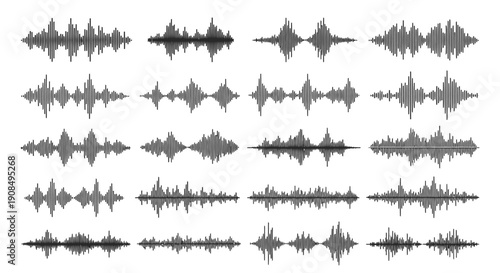 Set of Diverse Sound Wave Forms Representing Audio and Voice Frequencies, on Isolated White Background